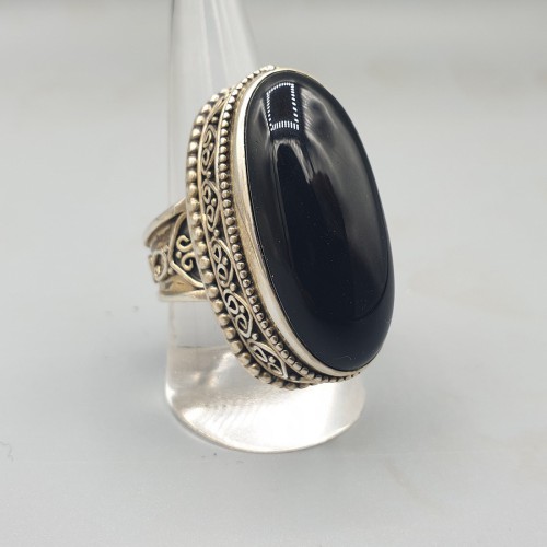 925 Sterling Silber Ring Black Onyx bearbeitet eingestellt 19 mm