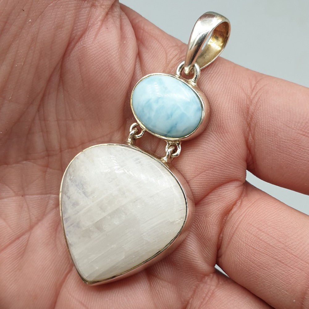 925 Sterling Silver Pendant with Larimar and Moonstone