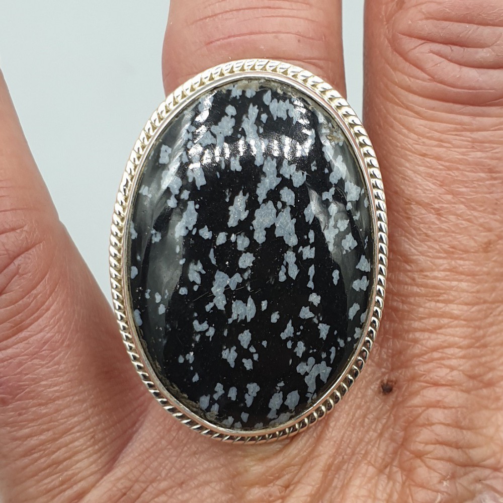 925 Sterling Zilveren Ring Oval Snowflake Obsidian 18 mm