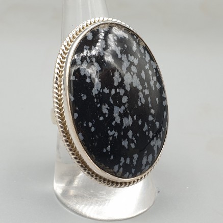 925 Sterling Zilveren Ring Oval Snowflake Obsidian 18 mm