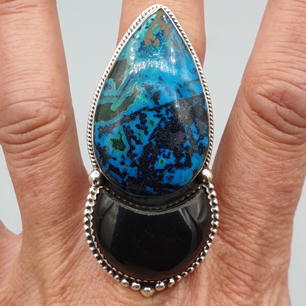 925 Sterling Silber Ring Azurite und Black Onyx einstellbar