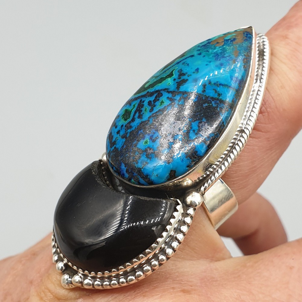 925 Sterling Silber Ring Azurite und Black Onyx einstellbar