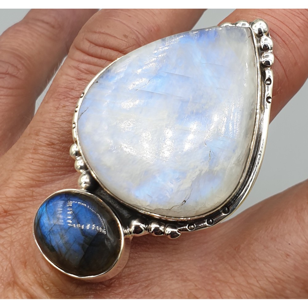 925 Sterling Silver ring Moonstone and Labradorite adjustable