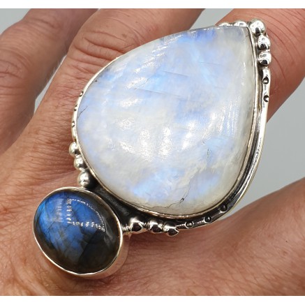 925 Sterling Silver ring Moonstone and Labradorite adjustable