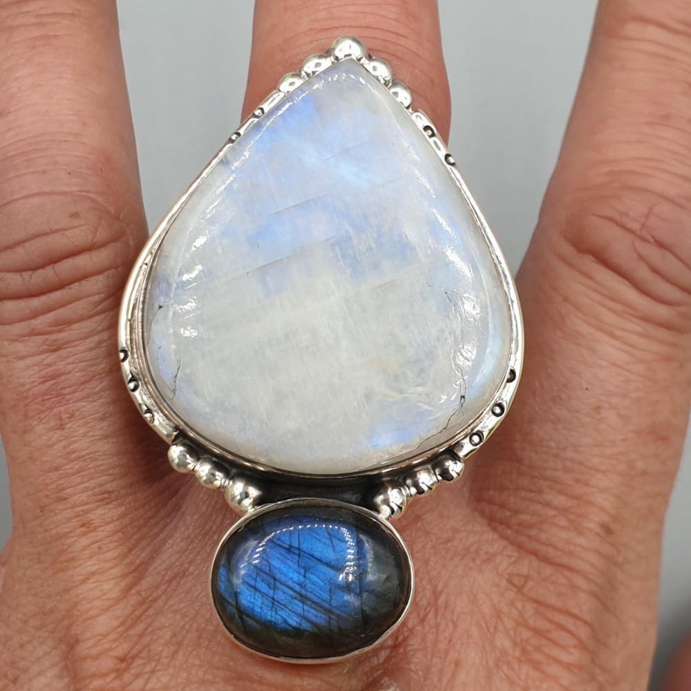 925 Sterling Silver ring Moonstone and Labradorite adjustable