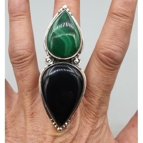 925 Sterling Silver ring Black Onyx and Malachite adjustable