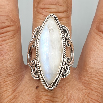 925 Sterling Silver ring Marquise Rainbow Moonstone