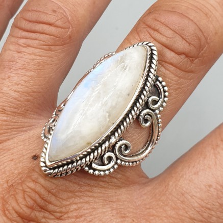 925 Sterling Silver ring Marquise Rainbow Moonstone