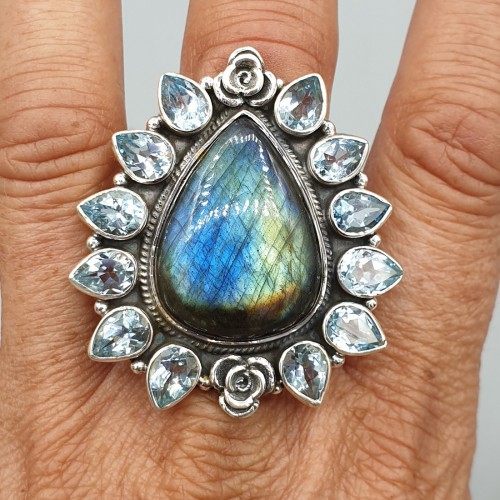 925 Sterling Silver ring Blue Topaz and Labradorite adjustable