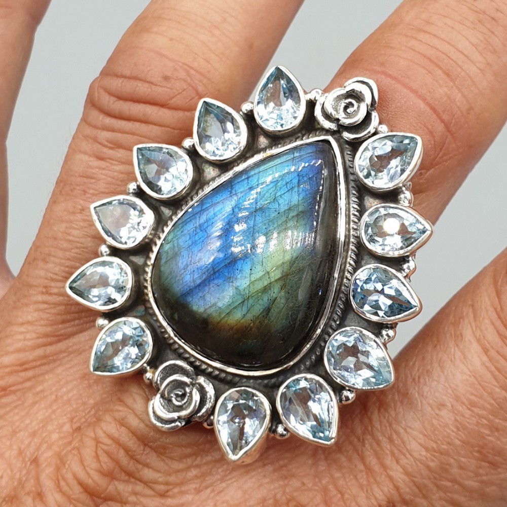 925 Sterling Silver ring Blue Topaz and Labradorite adjustable