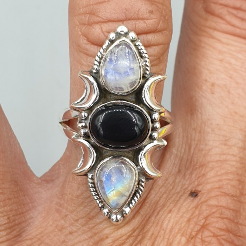 925 Sterling Silver ring Onyx and Moonstone adjustable