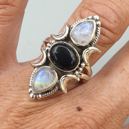 925 Sterling Silver ring Onyx and Moonstone adjustable