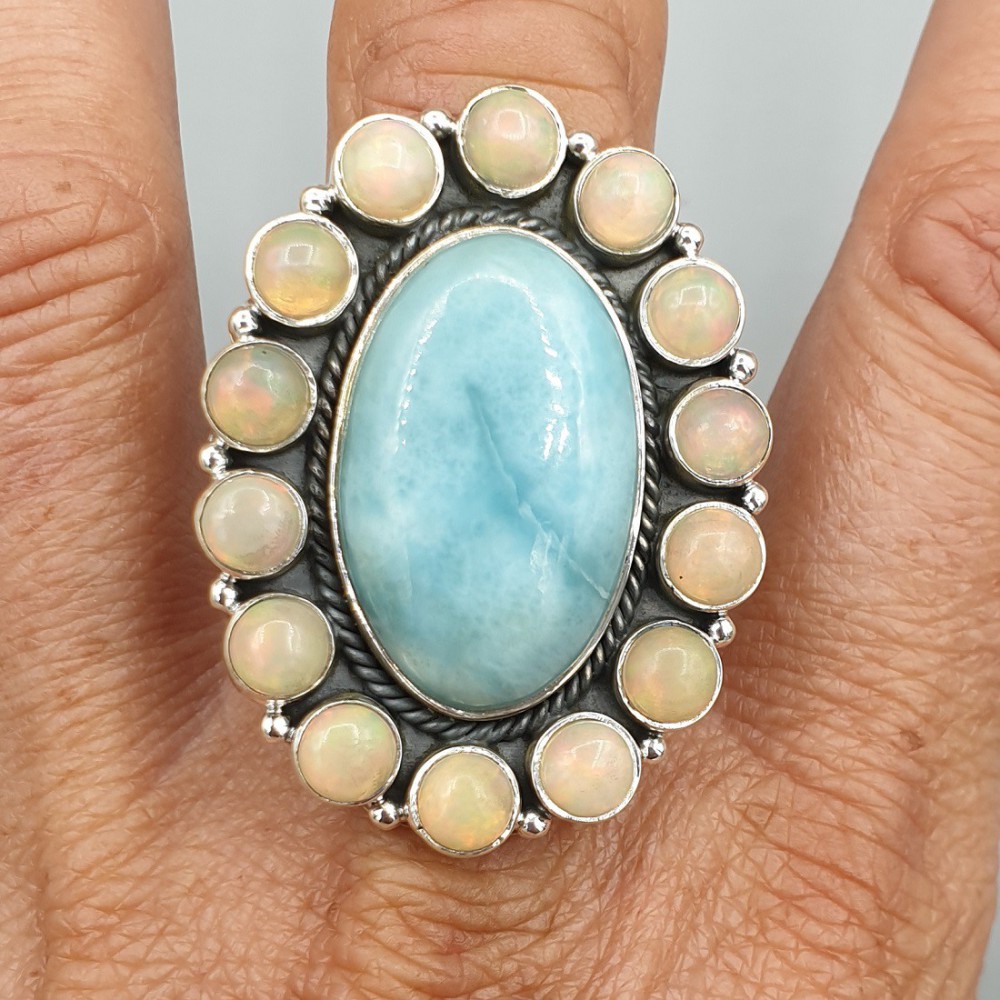 925 Sterling Zilveren Ring opalen and Larimar adjustable