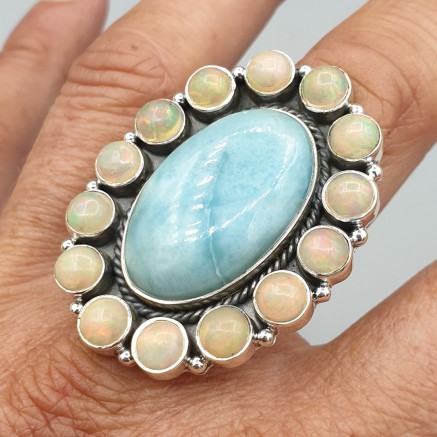 925 Sterling Zilveren Ring opalen and Larimar adjustable