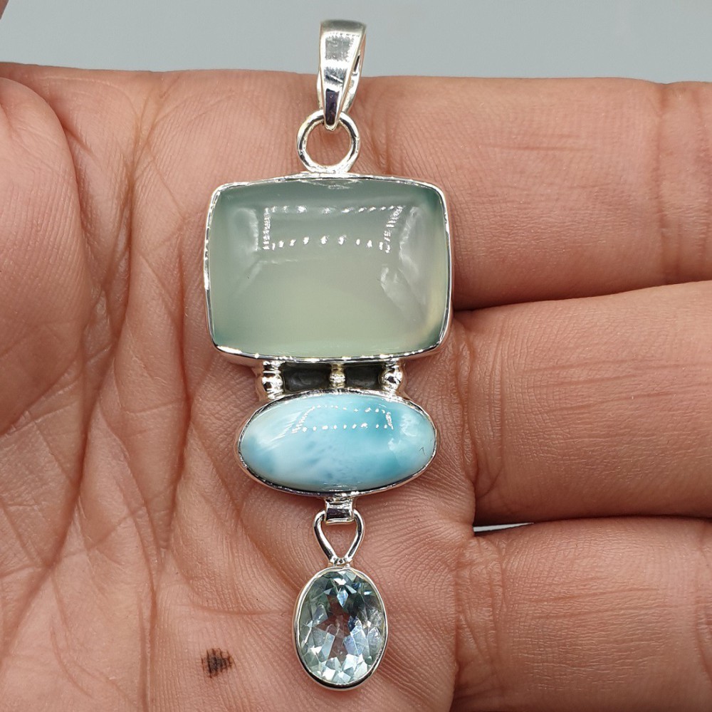 925 Sterling Silver Pendant Larimar Chalcedone and Topaz