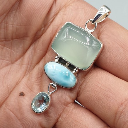 925 Sterling Silver Pendant Larimar Chalcedone and Topaz