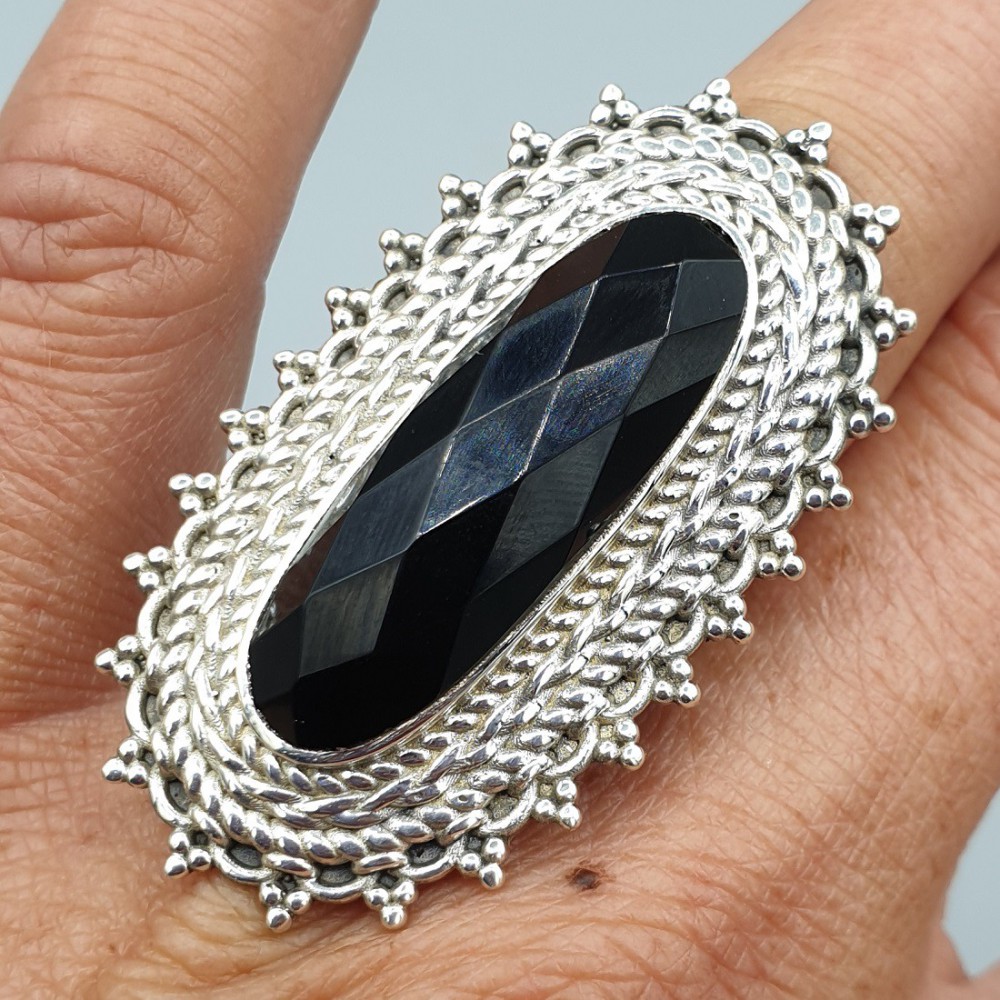 925 Sterling Silver Ring Facet Onyx adjustable