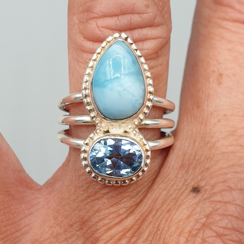 925 Sterling Silber Ring Larimar und Blue Topaz 16,5 mm