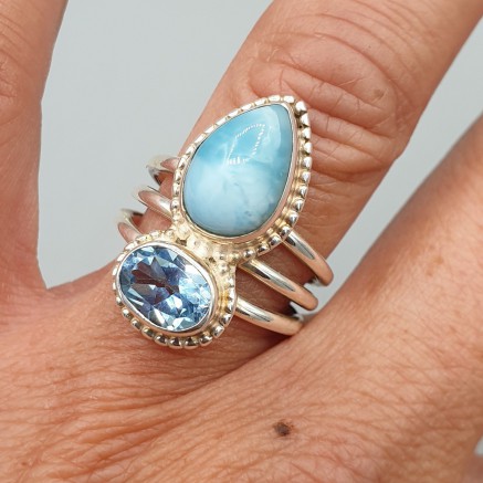 925 Sterling Silber Ring Larimar und Blue Topaz 16,5 mm