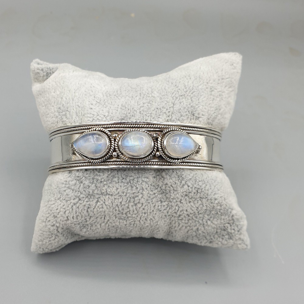 925 Sterling Silver Bangle Rainbow Moonstone