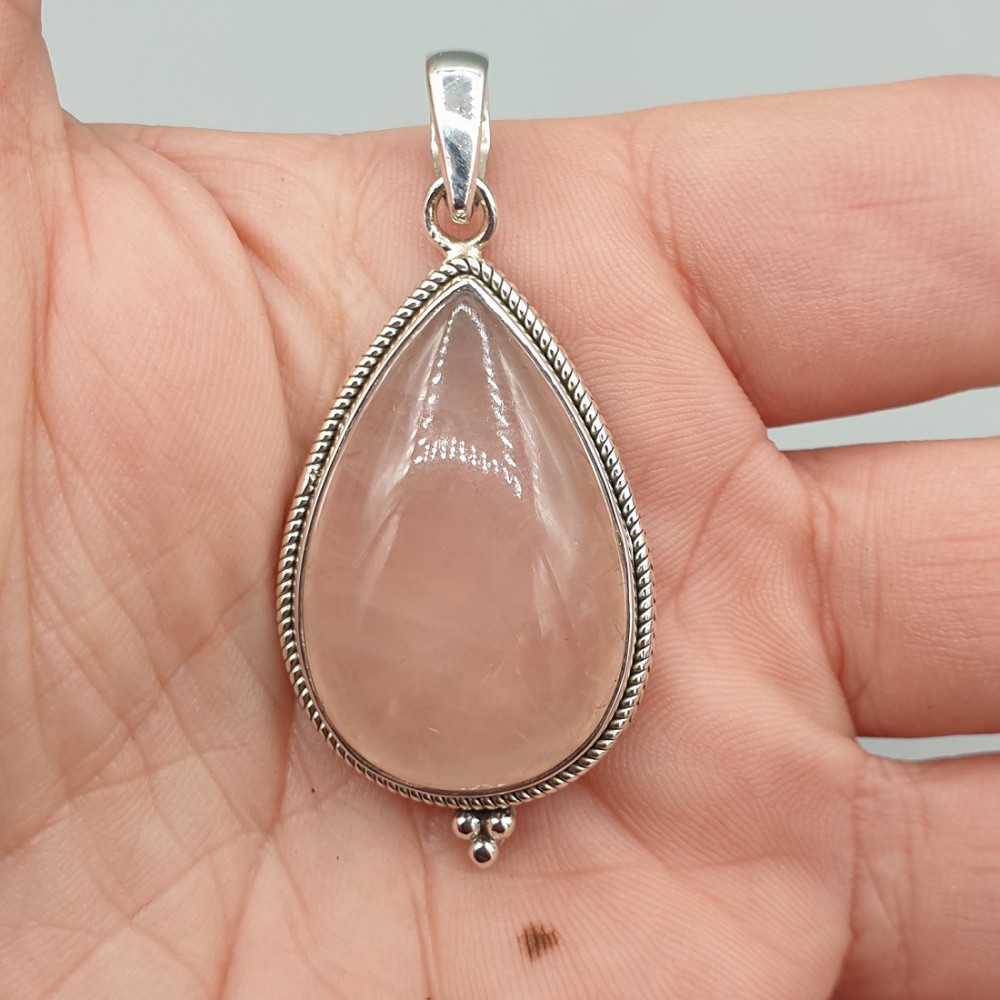 Silver pendant drop -shaped rose quartz medium