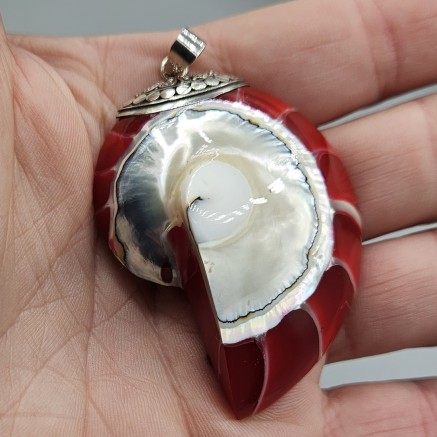 925 Sterling silver pendant large red nautilus shell