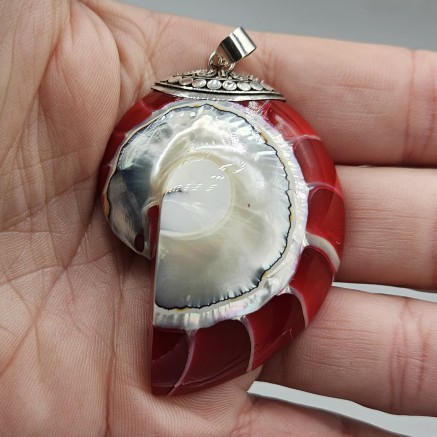 925 Sterling silver pendant large red nautilus shell