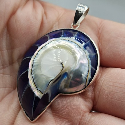 925 Sterling Silver Pendant set with Blue Nautilus Schelp