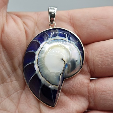 925 Sterling Silver Pendant set with Blue Nautilus Schelp