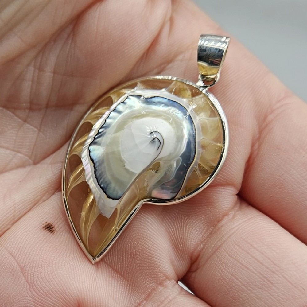 925 Sterling Silver Pendant set with Nautilus Schelp