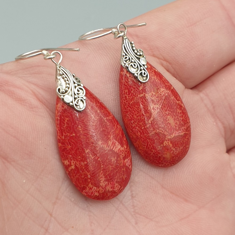 925 Sterling silver earrings with drop -shaped coral