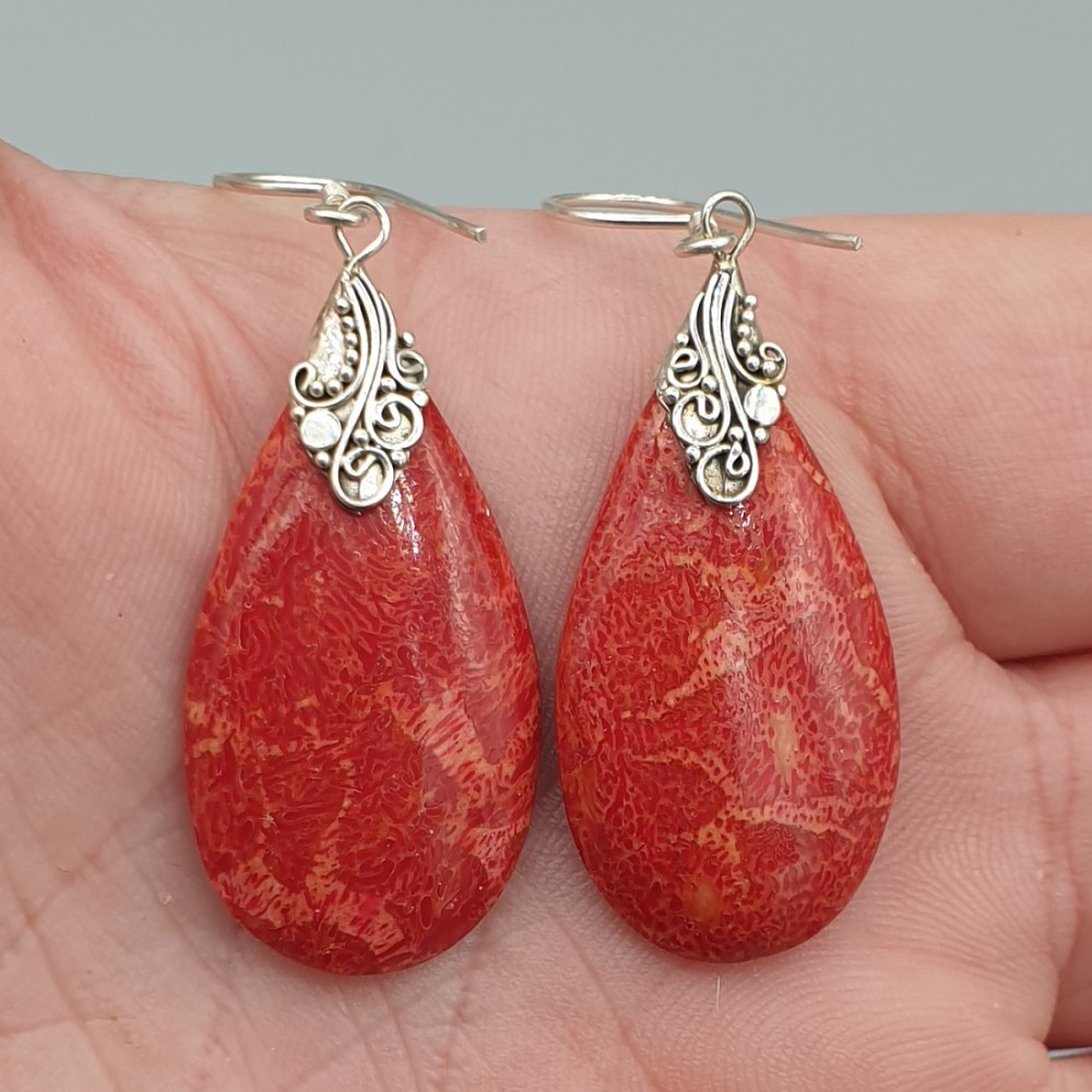 925 Sterling silver earrings with drop -shaped coral