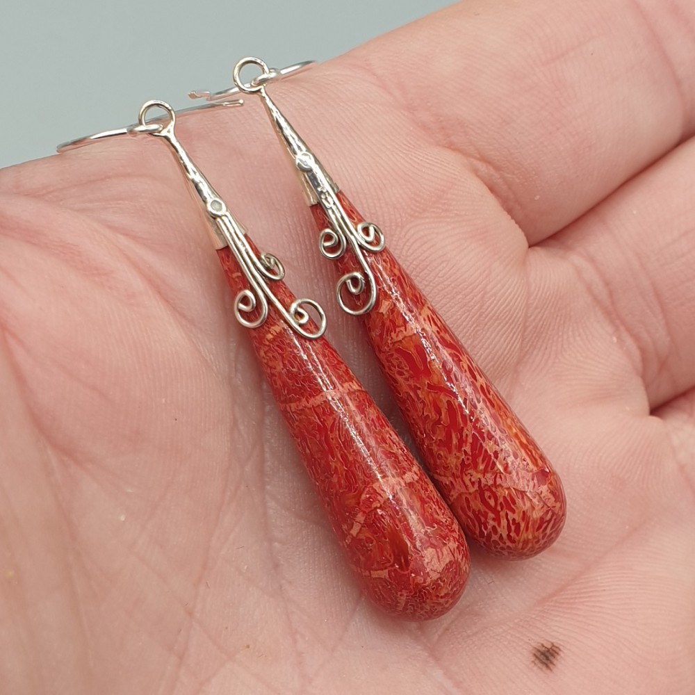 925 Sterling silver long earrings with coral