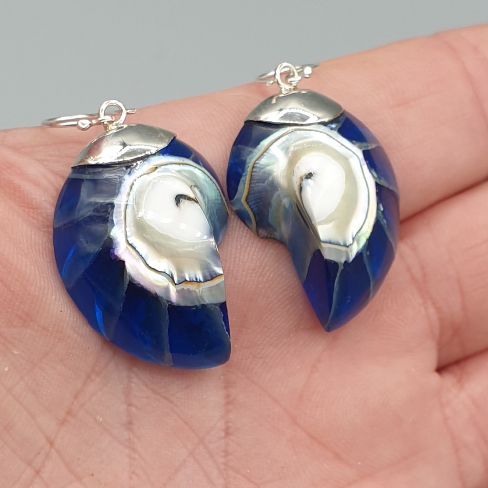 925 Sterling -Silberohrringe Blue Nautilus Shell