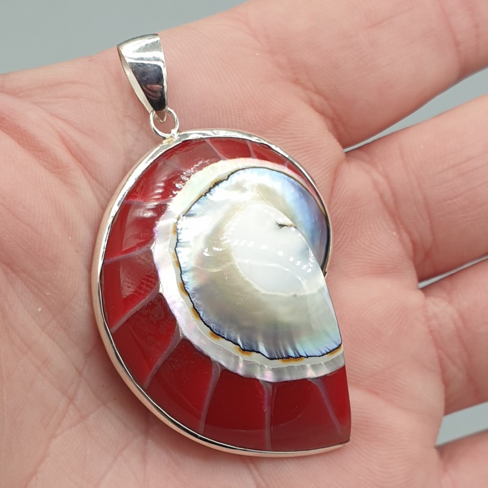 925 Sterling Silver Red Nautilus Shell Pendant