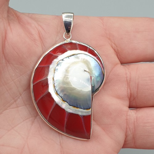 925 Sterling Silver Red Nautilus Shell Pendant