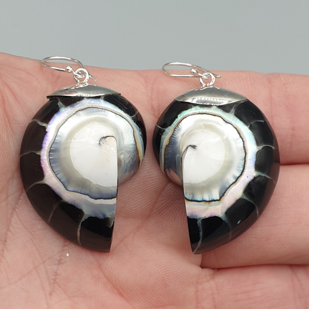 925 Sterling silver earrings set with black Nautilus shell