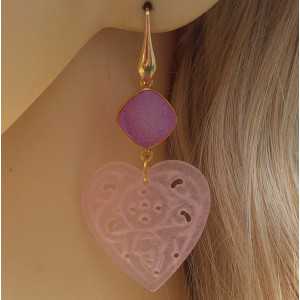 Vergoldete Ohrringe mit geschnitzten rosa Jade Herz und druzy-Achat