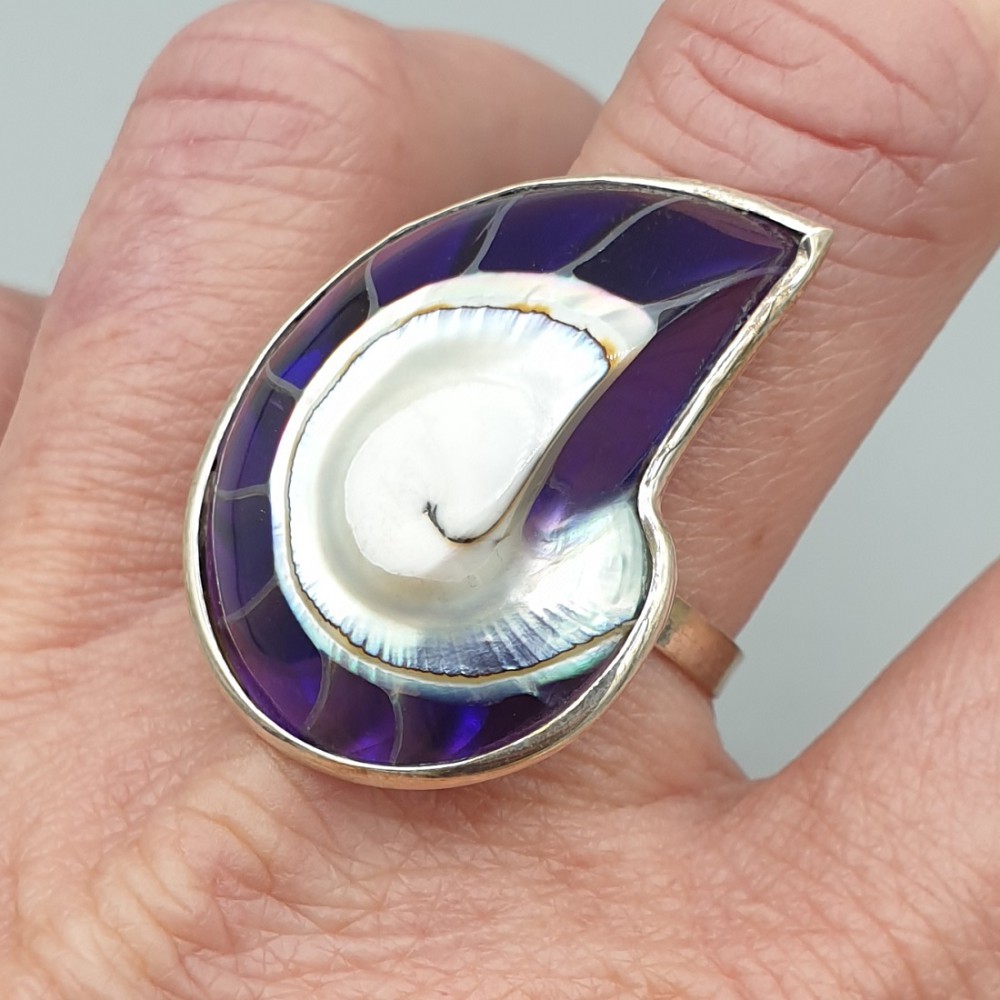 925 Sterling Silver Ring Purple Nautilus Schelp 19 mm