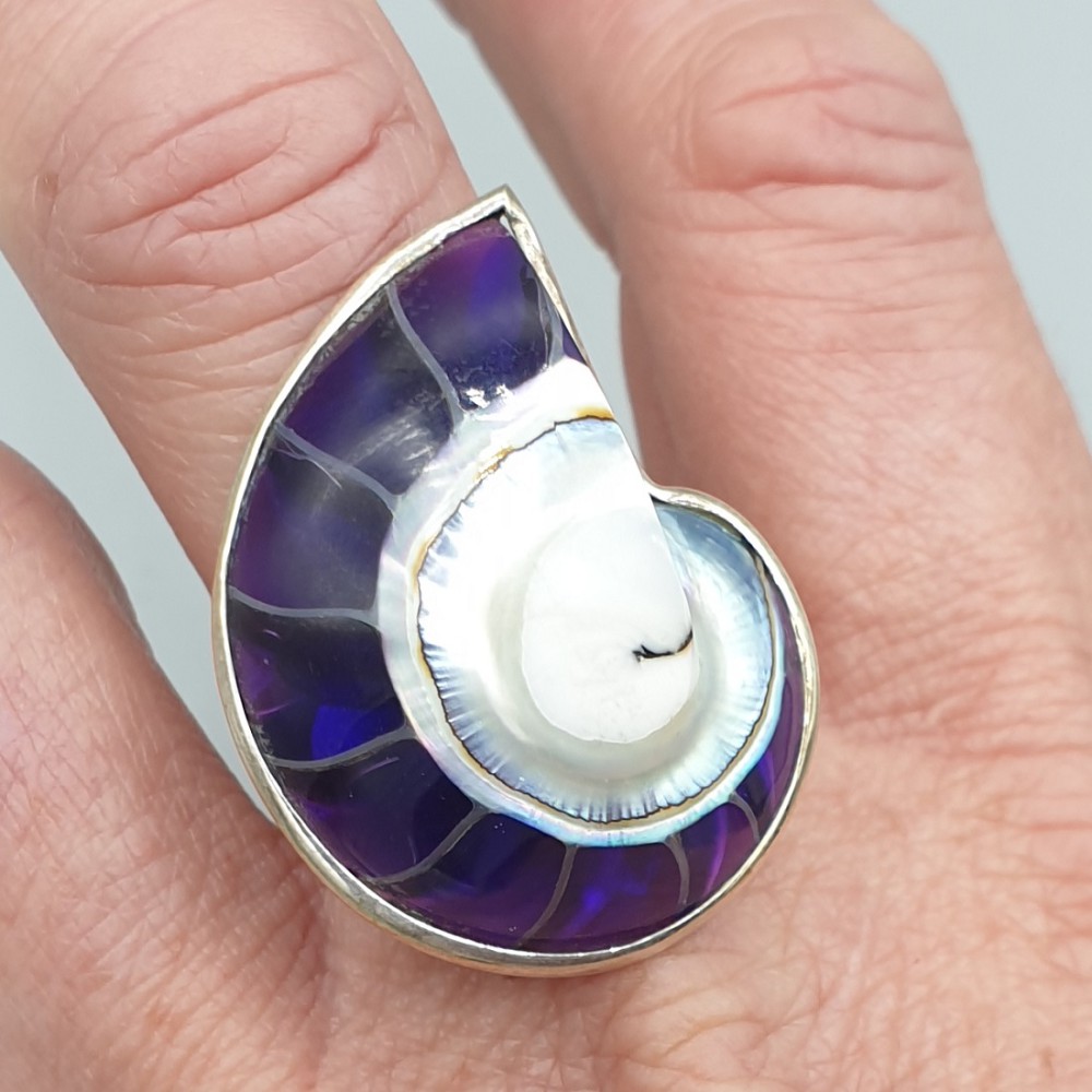 925 Sterling Silver Ring Purple Nautilus Schelp 19 mm