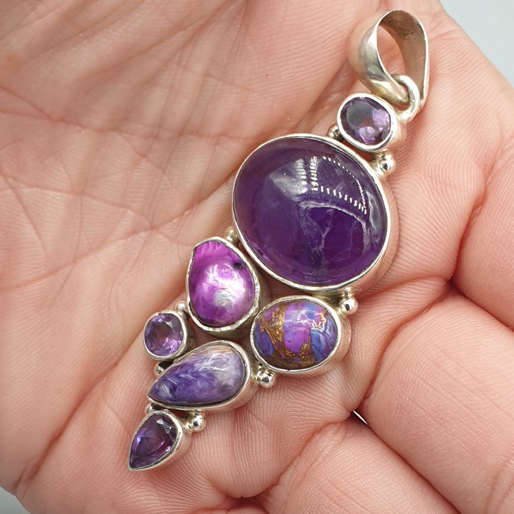 925 Sterling silver pendant amethyst copper purple turquoise