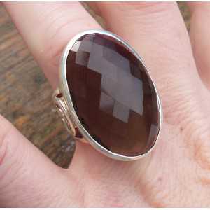 Silver ring with large oval faceted Smokey Topaz 17 mm 