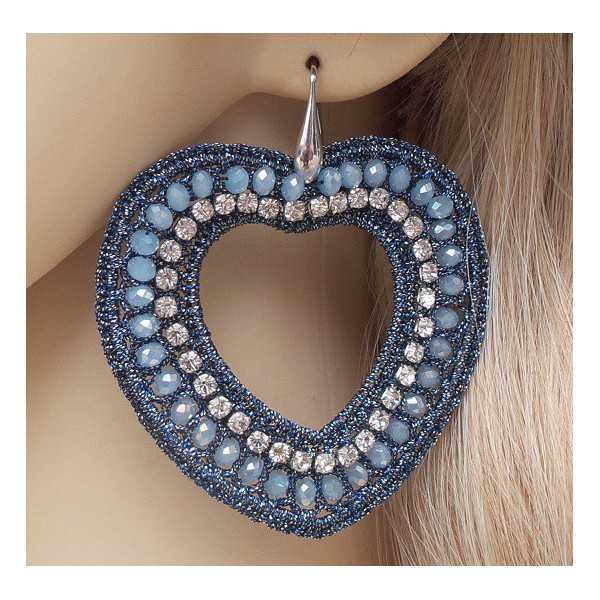 Silver earrings with hearts of silk thread and crystals