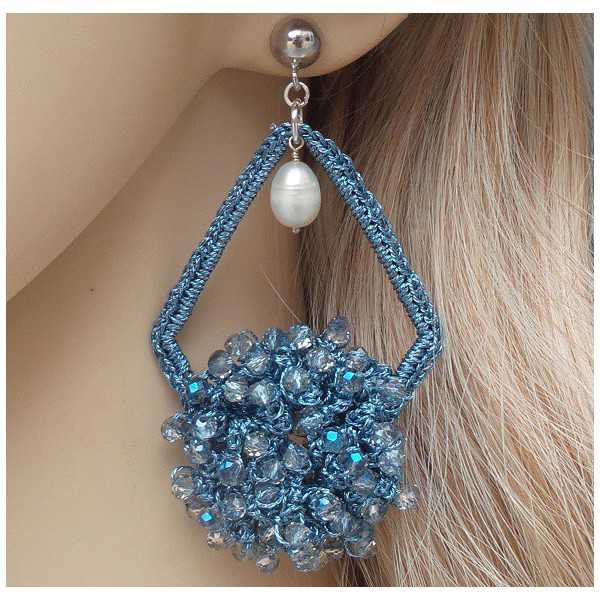 Silver earrings, earrings from silk thread and crystal and Pearl