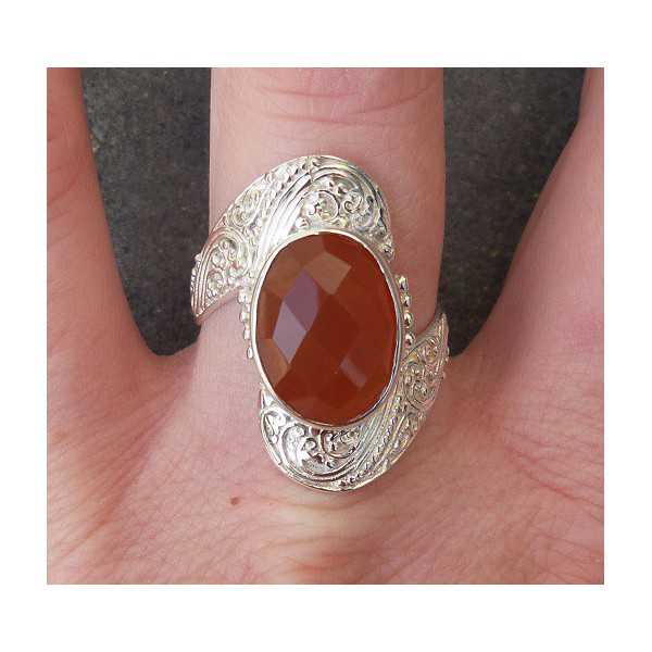 Silver ring set with oval faceted Carnelian 19 mm 