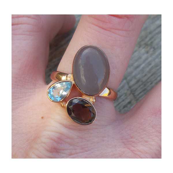Gold plated ring with Chalcedony, Smokey and blue Topaz, 19 mm 
