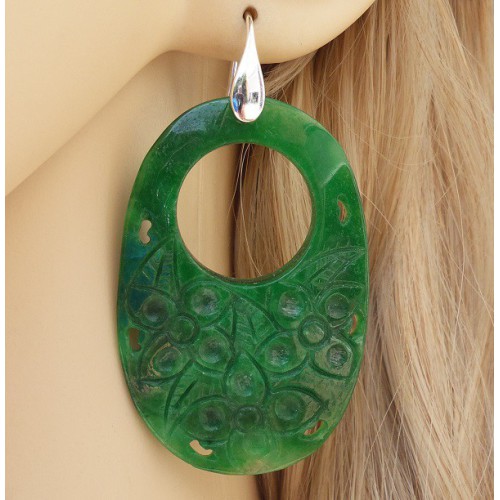 Silver earrings with oval carved green jade