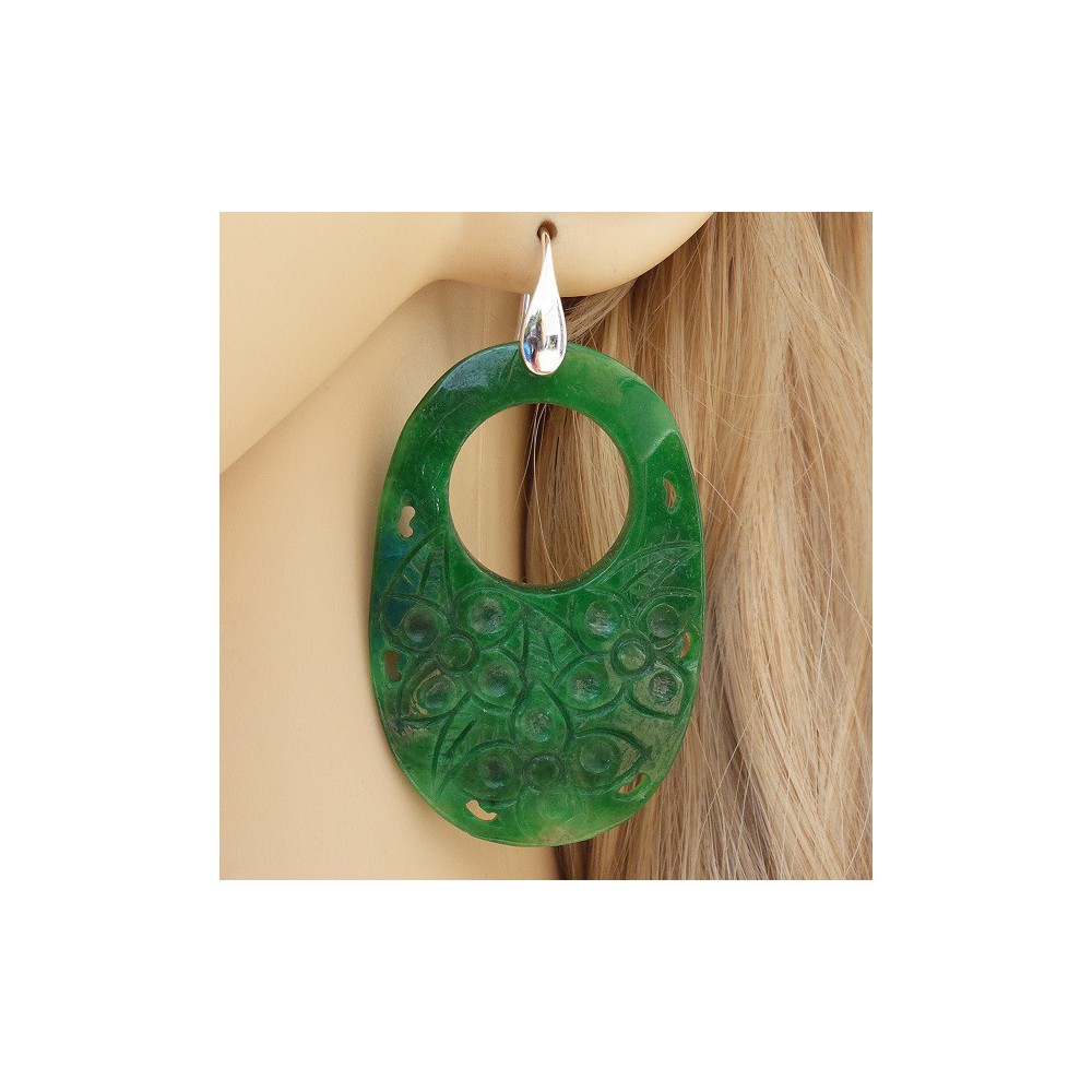 Silver earrings with oval carved green jade