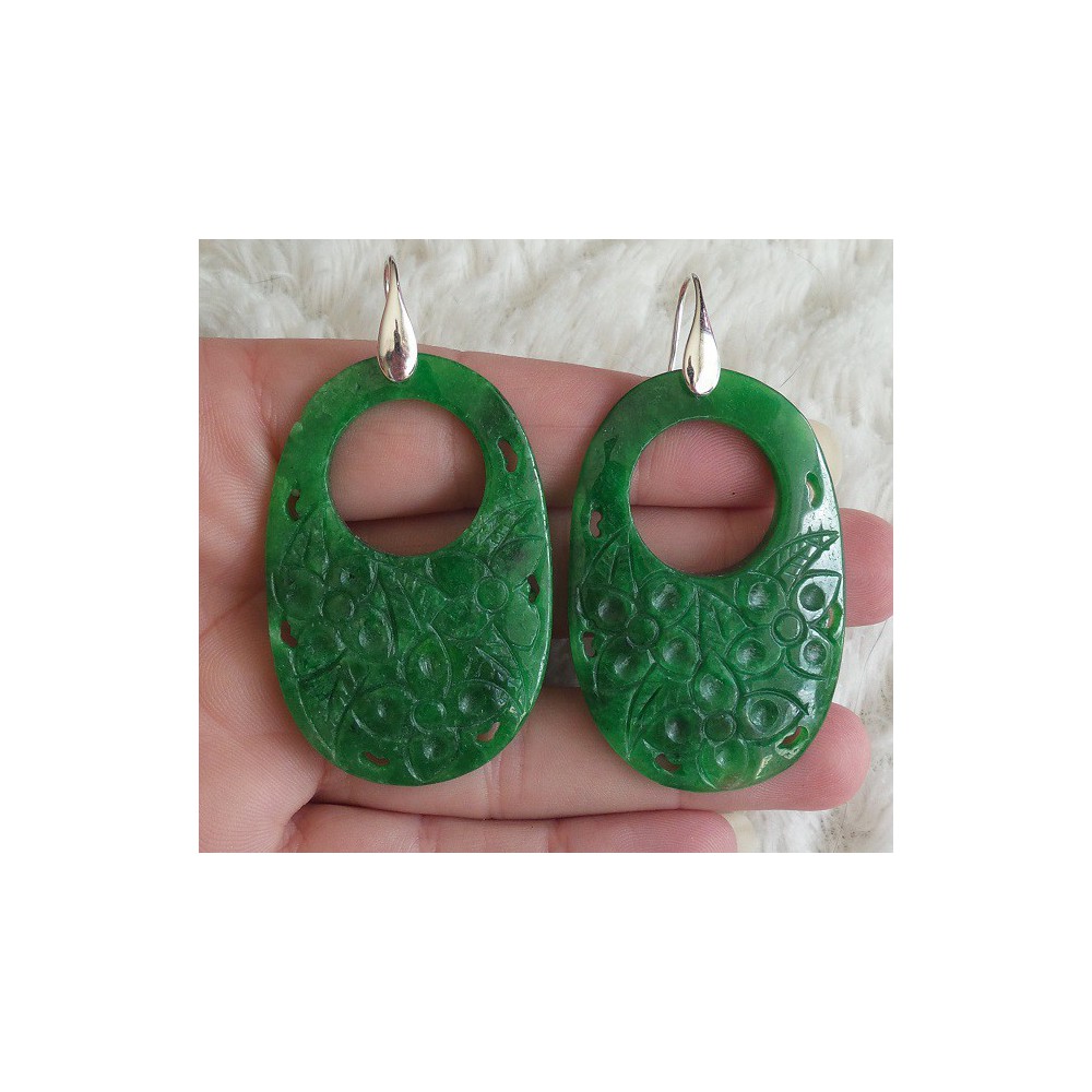 Silver earrings with oval carved green jade