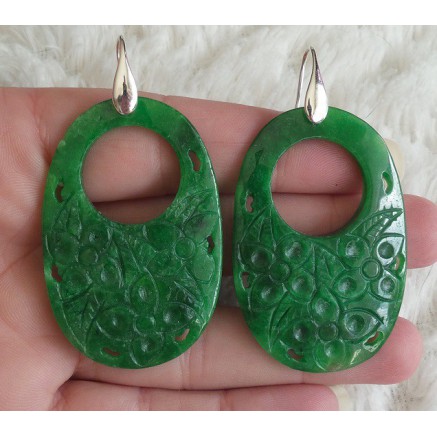 Silver earrings with oval carved green jade